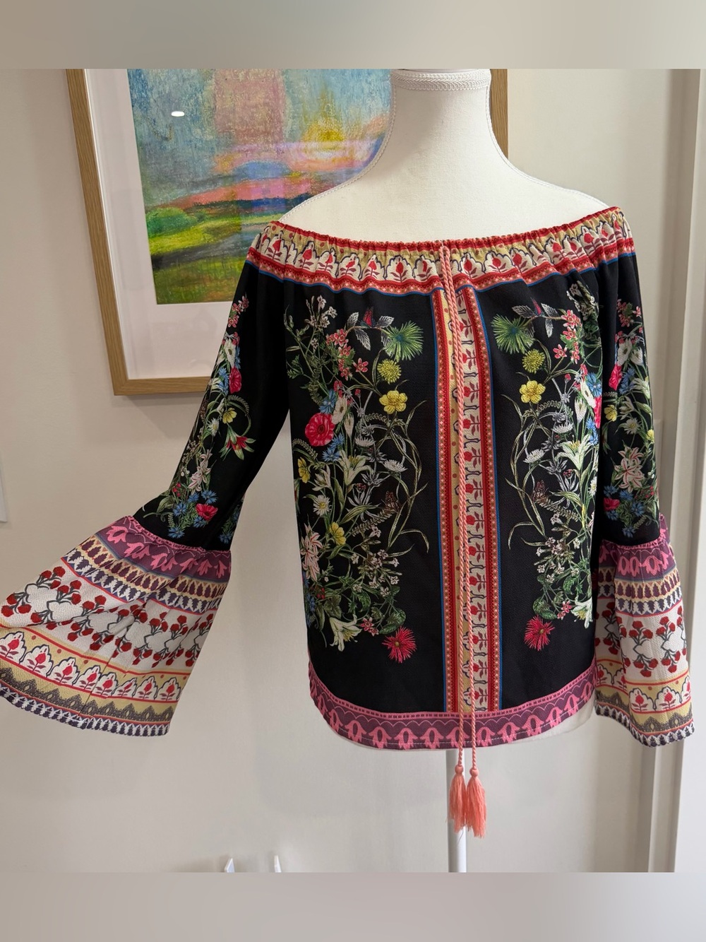 Umgee Boho Floral Off The Shoulder Blouse Bell Sleeve Festival Top‎ Small S